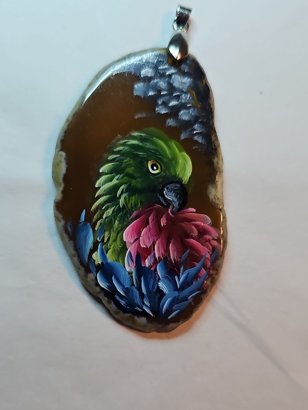 Hand-Painted Parrot Pendant Necklace - Green, Pink & Blue